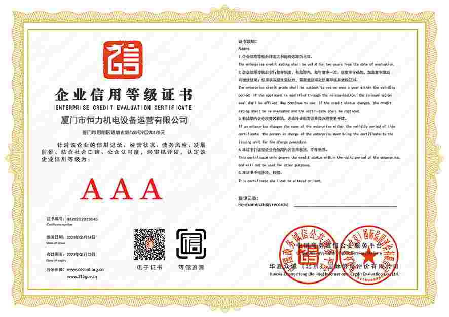 2019年企业信用等级证书AAA级