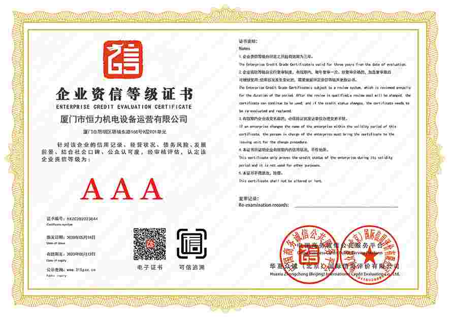 2019年企业资信等级证书AAA级